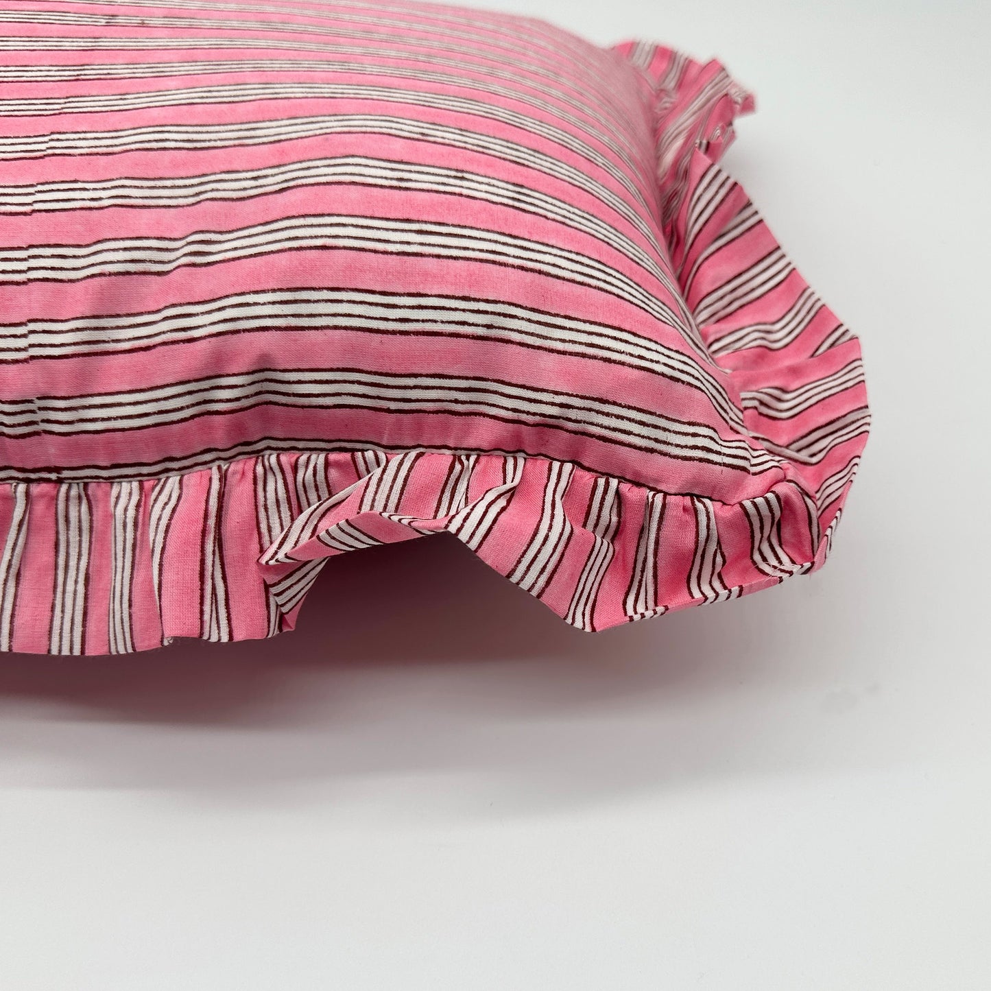 Hand block frilled cotton cushion - Sally in Light Pink