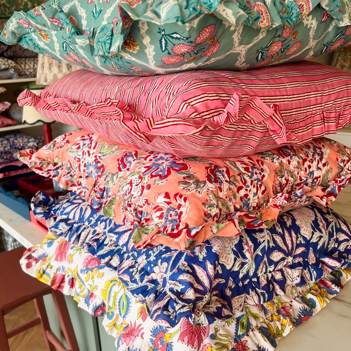 Large hand block frilled cotton cushion - Sally