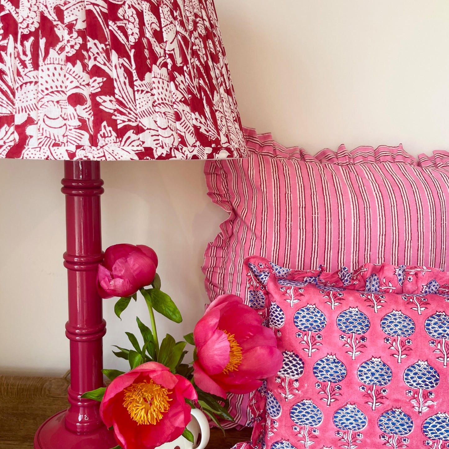 Large hand block frilled cotton cushion - Sally