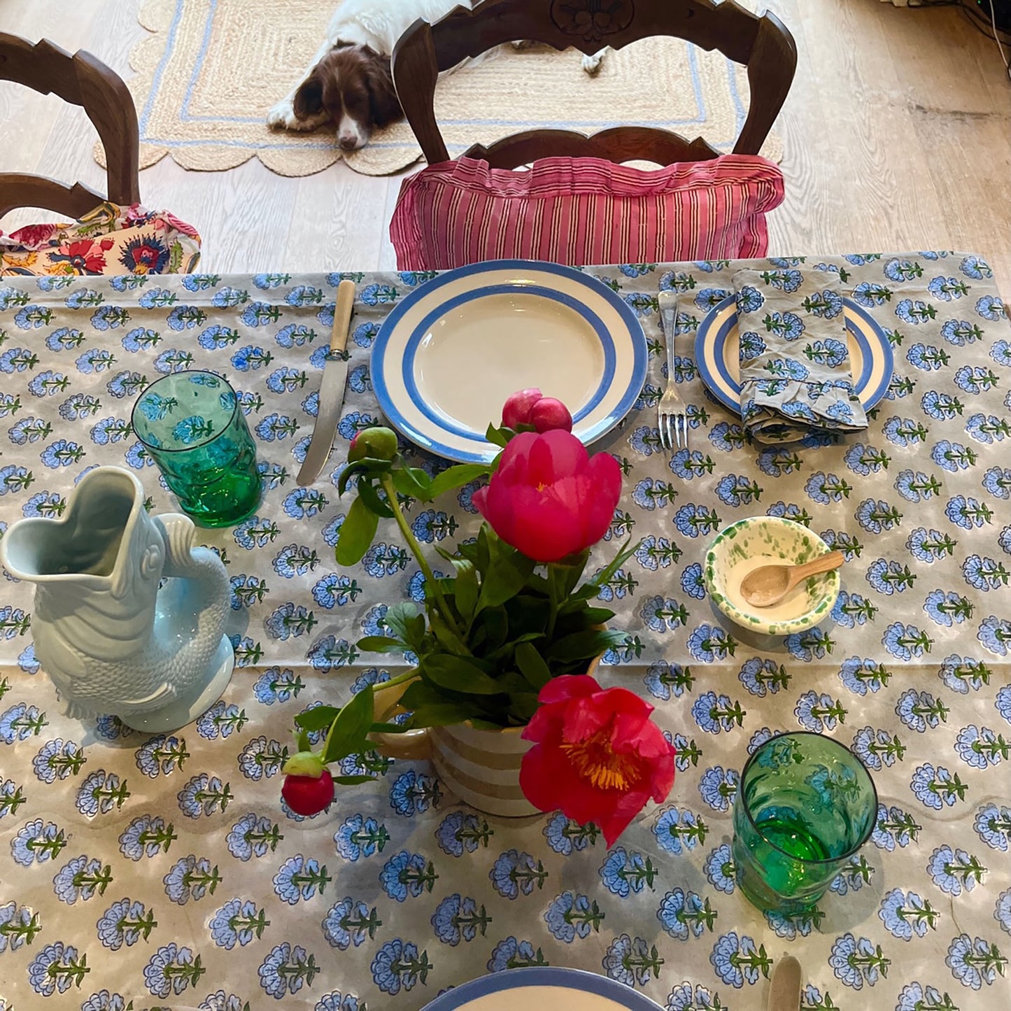 Kitty block printed table cloth - Pale grey with cornflower blue and dark green flowers