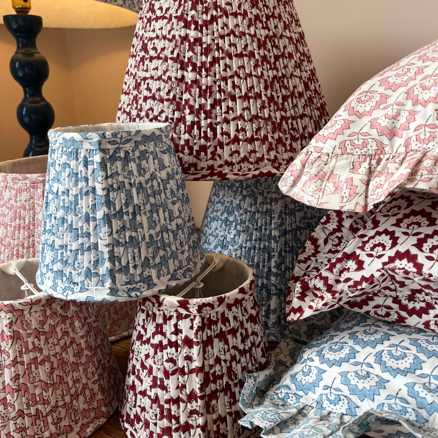 Hand block frilled cotton cushion - Jennie in Pale Blue