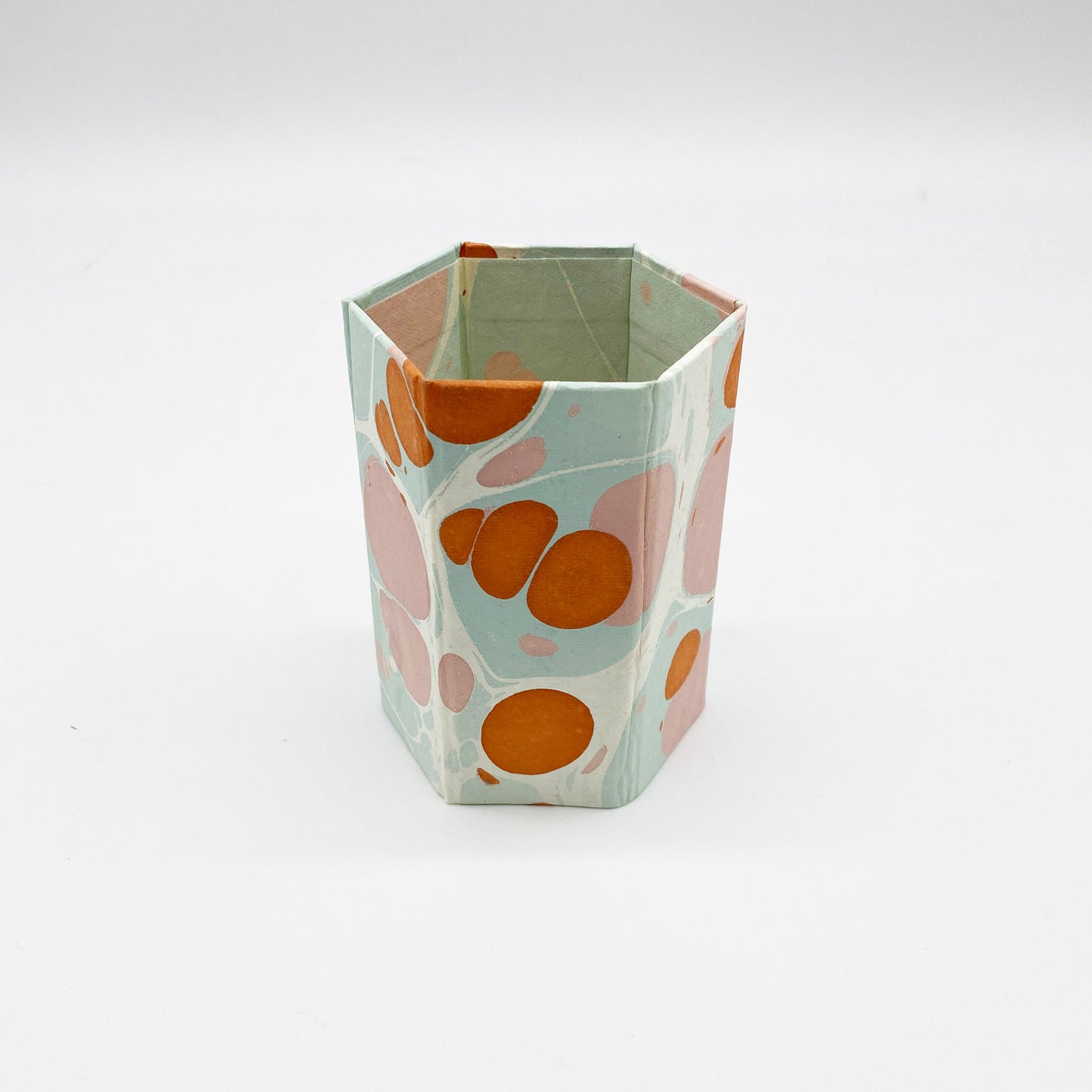 Marbled Paper Hexagonal Pen Pot - Peach Pastel
