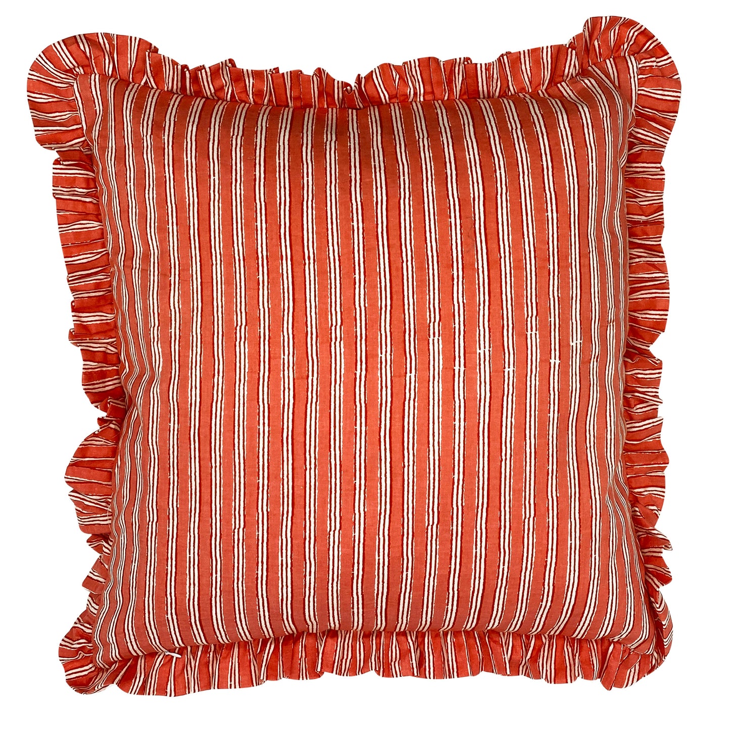 Large hand block frilled cotton cushion - Sally in Coral