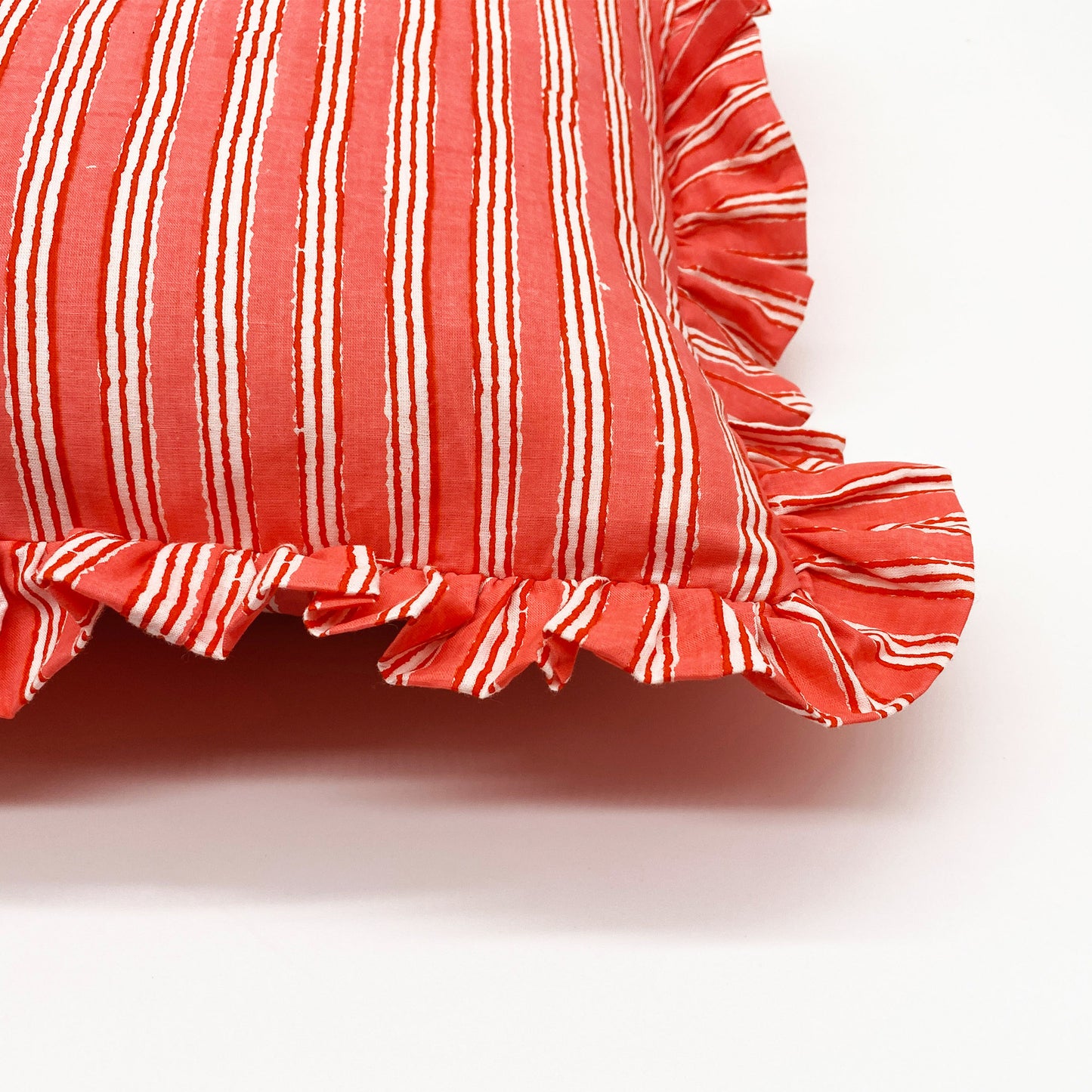 Large hand block frilled cotton cushion - Sally in Coral