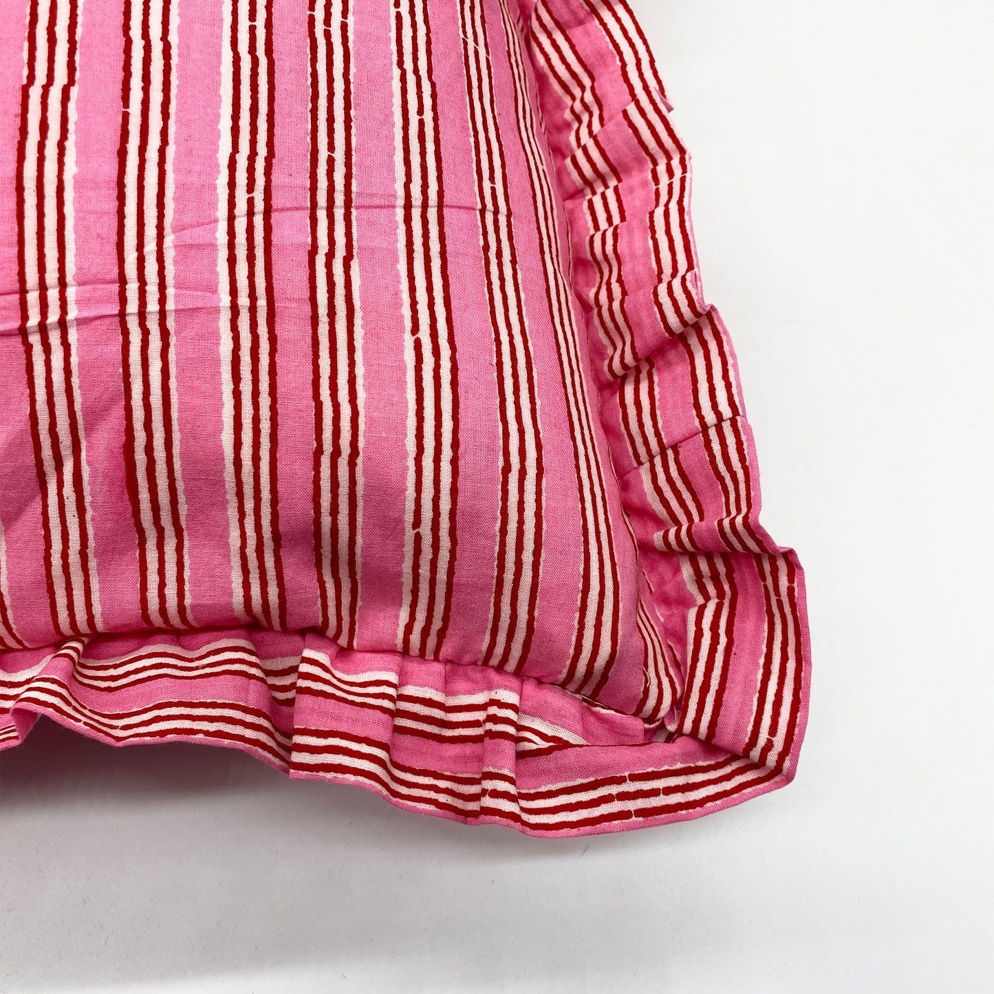 Large hand block frilled cotton cushion - Sally