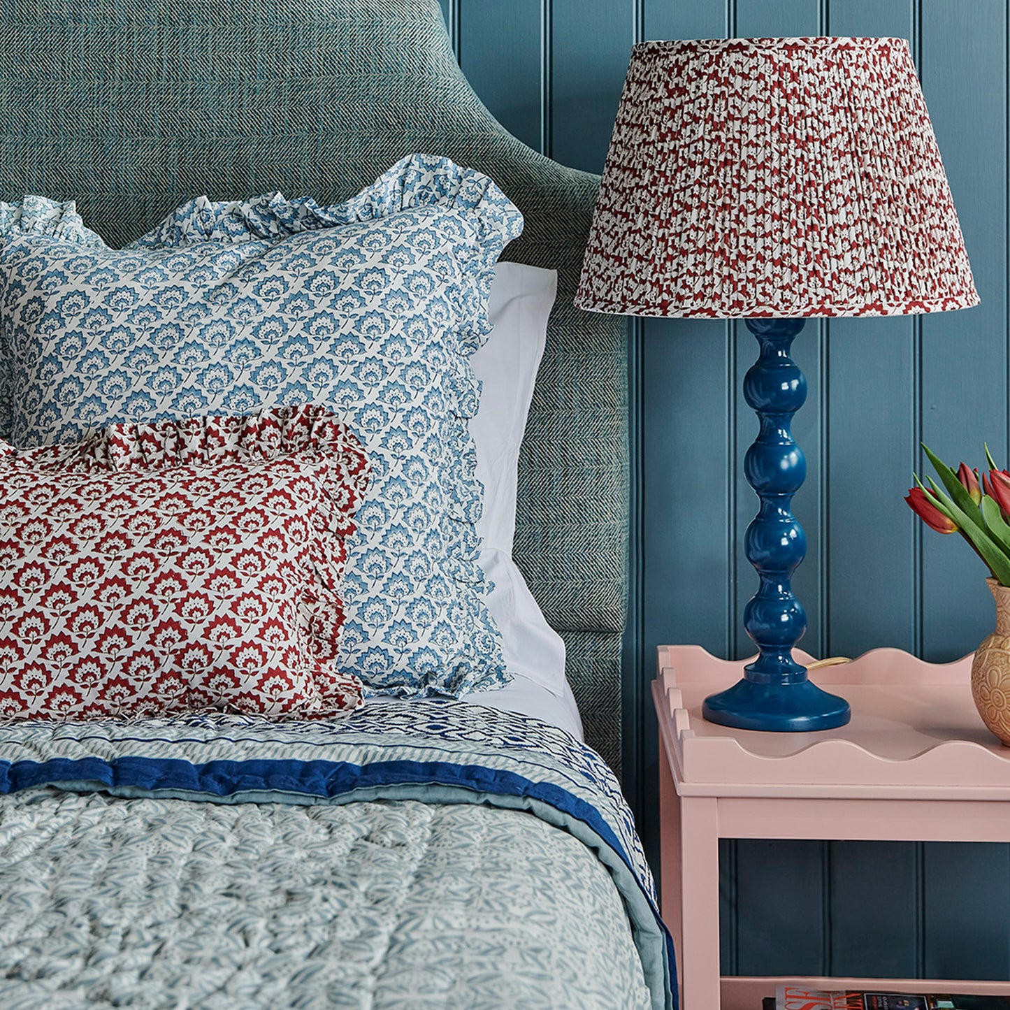 Large hand block Jennie Cotton Cushion in Pale Blue