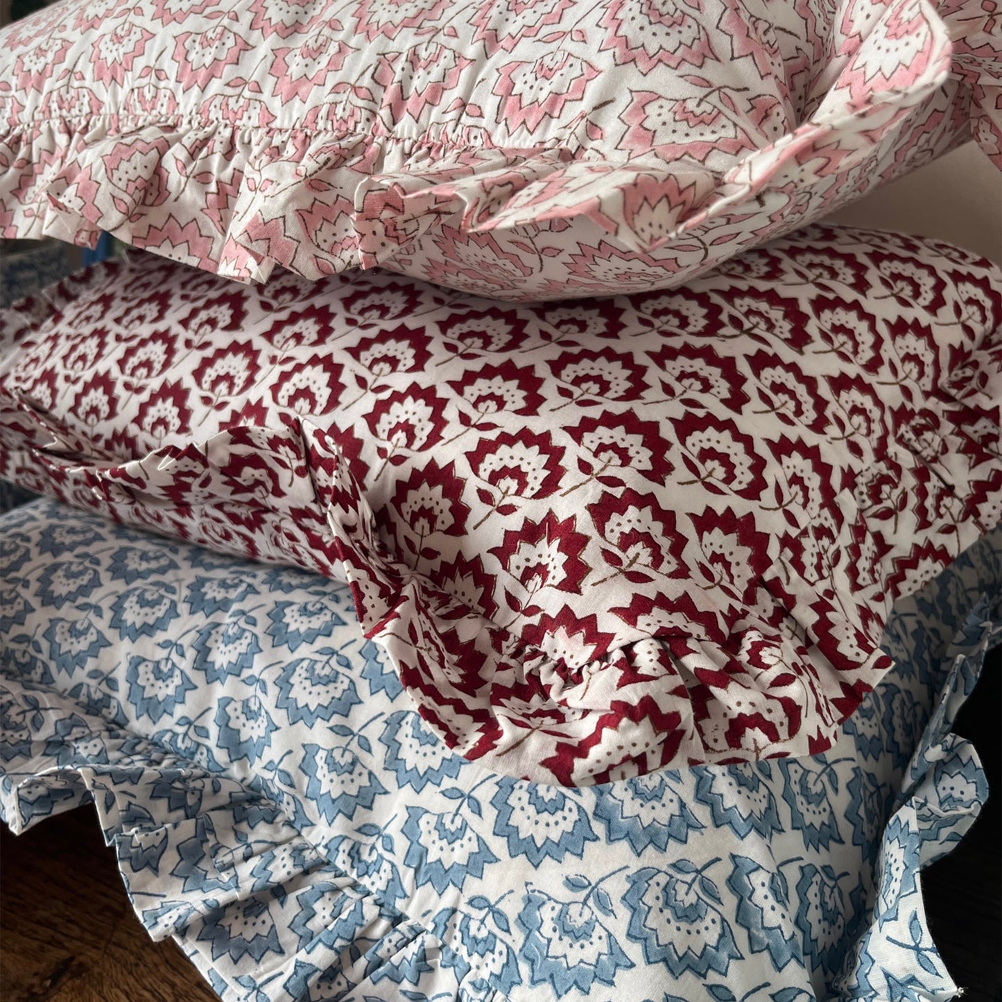 Hand block frilled cotton cushion - Jennie in Pale Blue