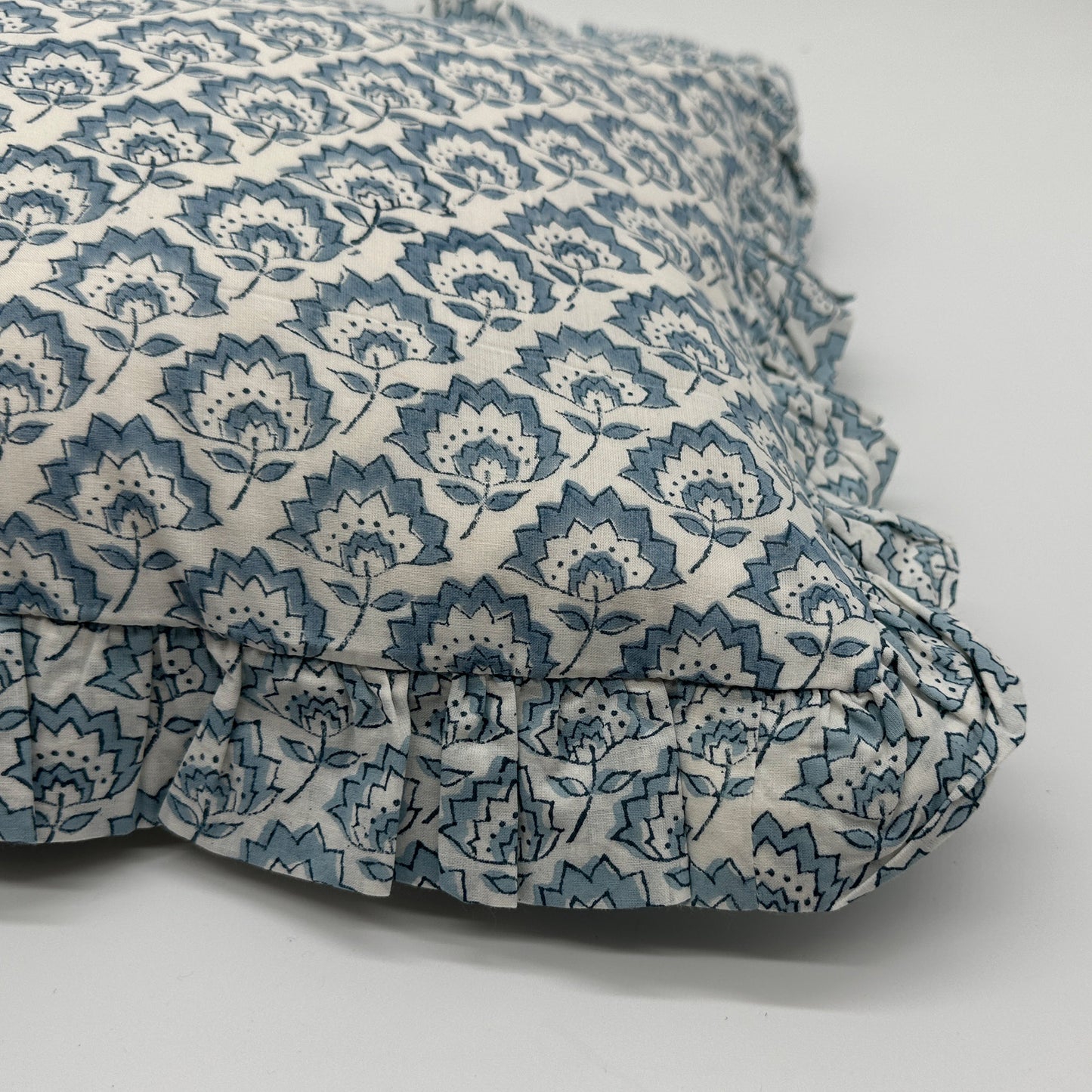 Hand block frilled cotton cushion - Jennie in Pale Blue
