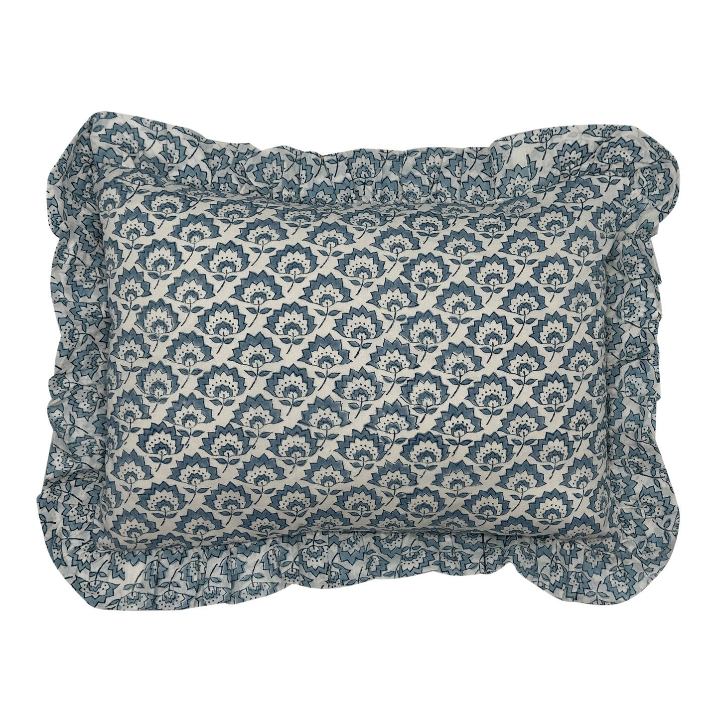 Hand block frilled cotton cushion - Jennie in Pale Blue