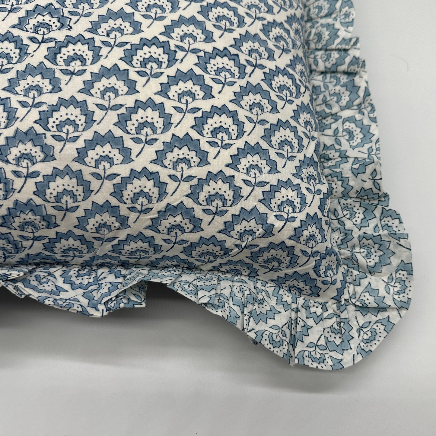 Large hand block Jennie Cotton Cushion in Pale Blue