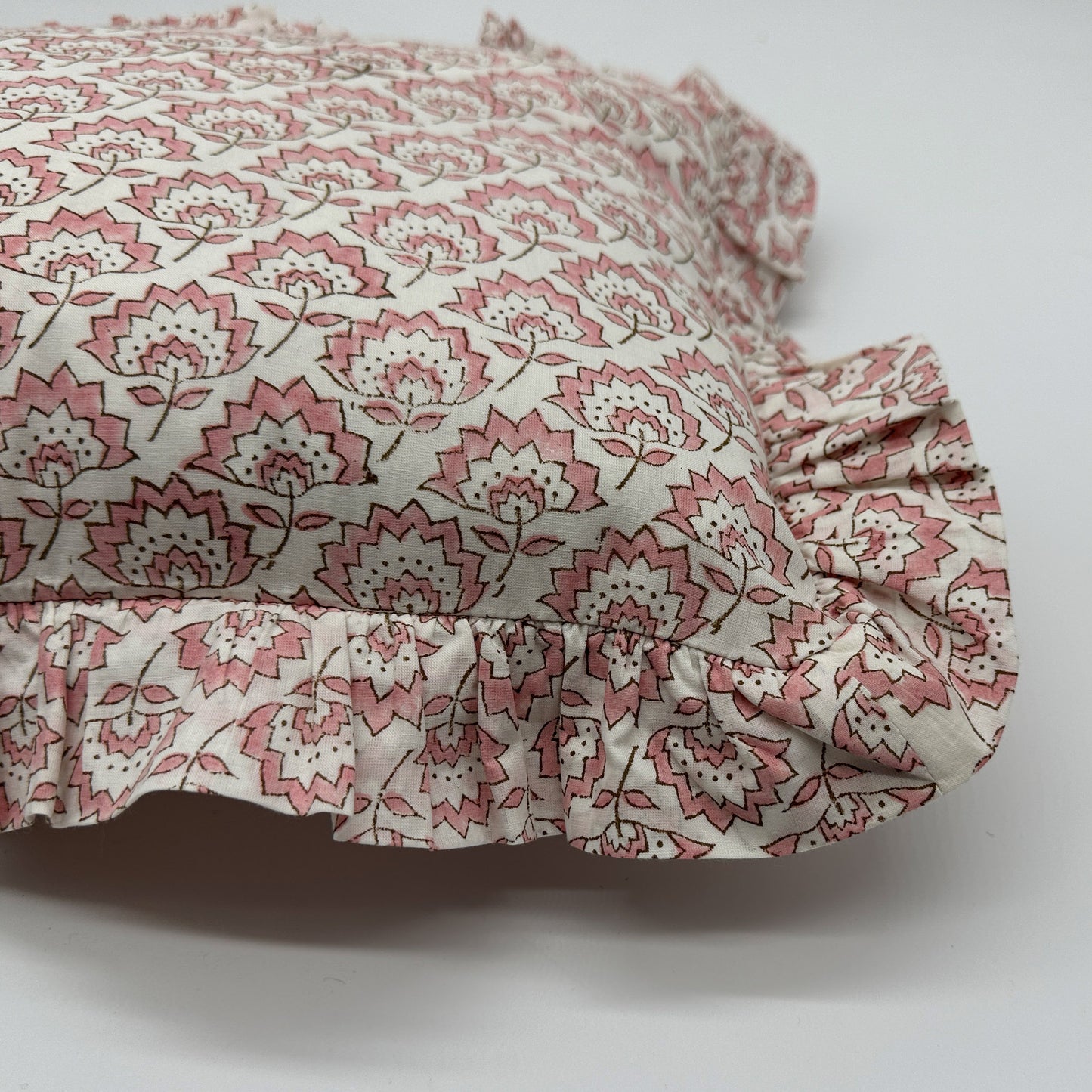 Hand block frilled cotton cushion - Jennie in Pale Rose Pink
