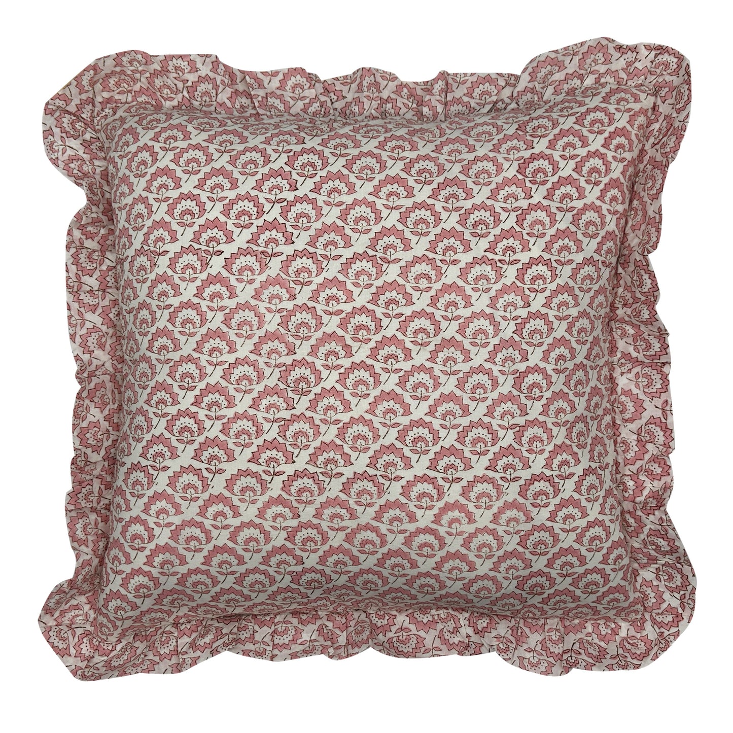 Large hand block frilled cotton cushion - Jennie in Pink