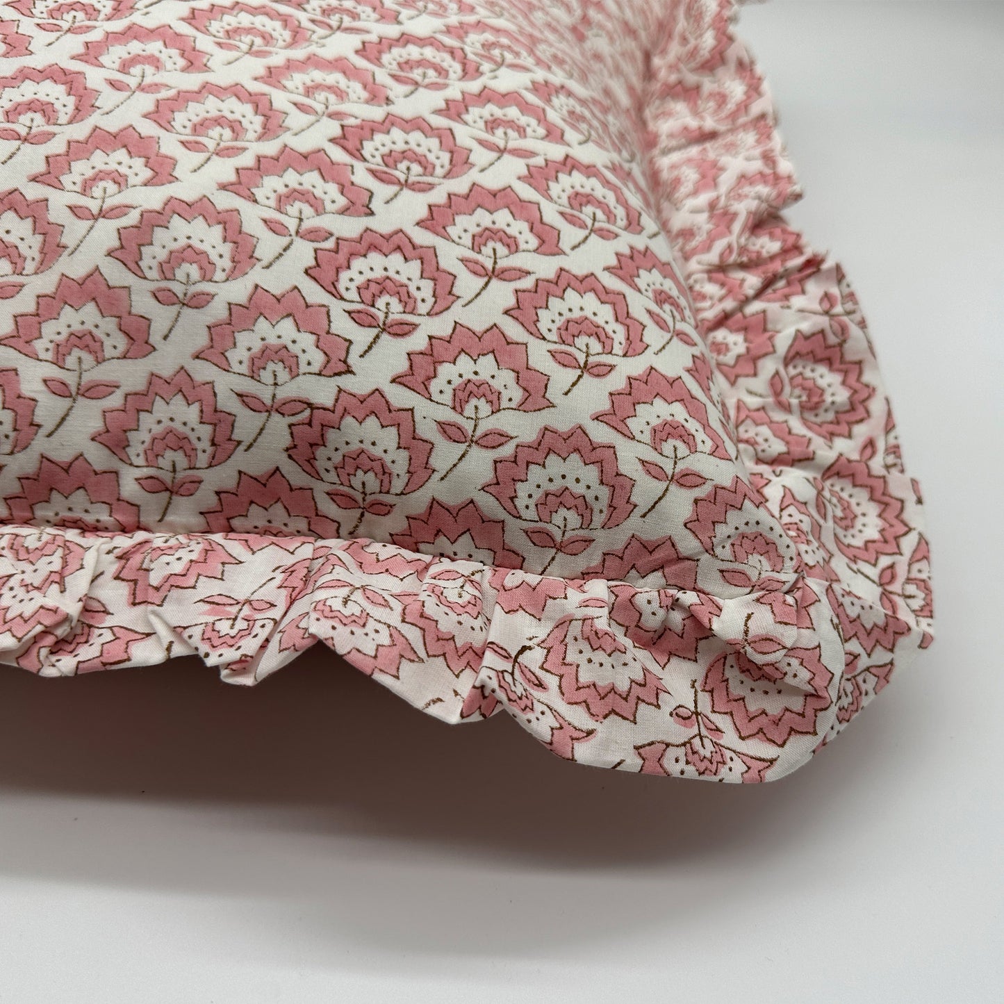 Large hand block frilled cotton cushion - Jennie in Pink