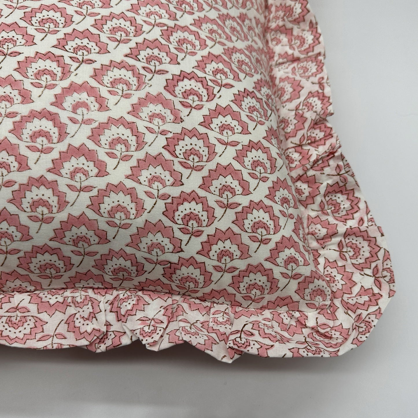 Large hand block frilled cotton cushion - Jennie in Pink