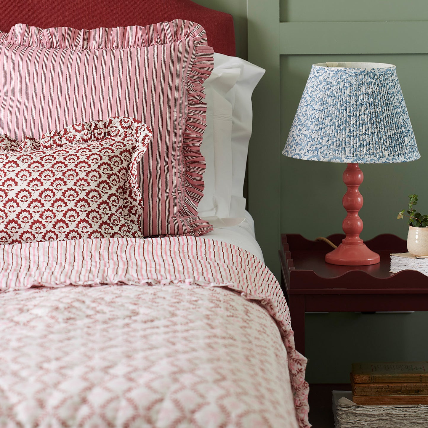 Jennie Gathered Cotton Block Printed Lampshade in Pale Blue
