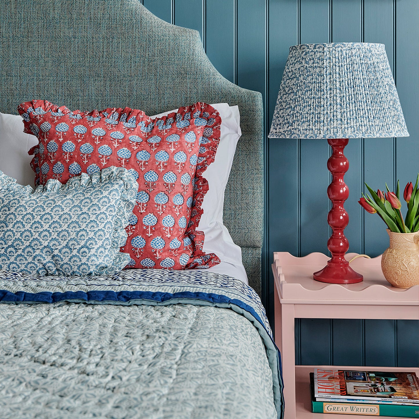 Jennie Gathered Cotton Block Printed Lampshade in Pale Blue