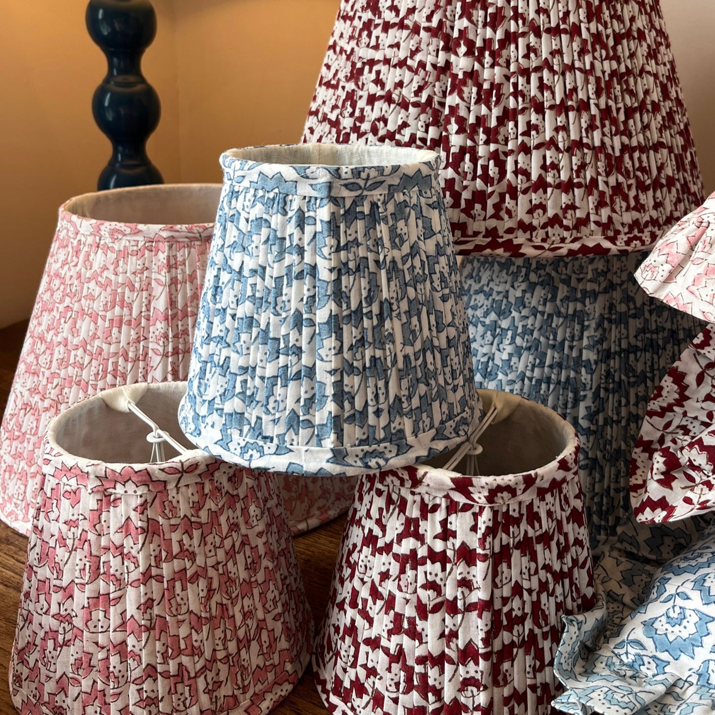 Jennie Gathered Cotton Block Printed Lampshade in Pale Rose Pink