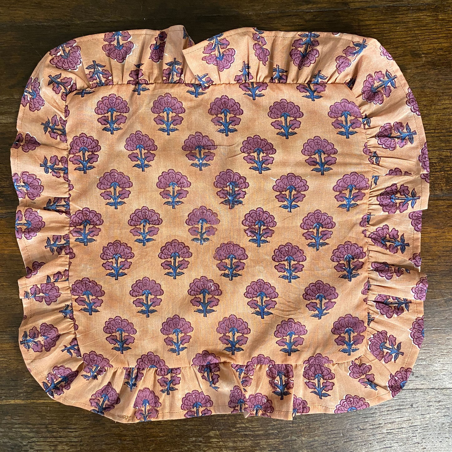 Kitty block printed table cloth - Faded terracotta with purple and blue flowers