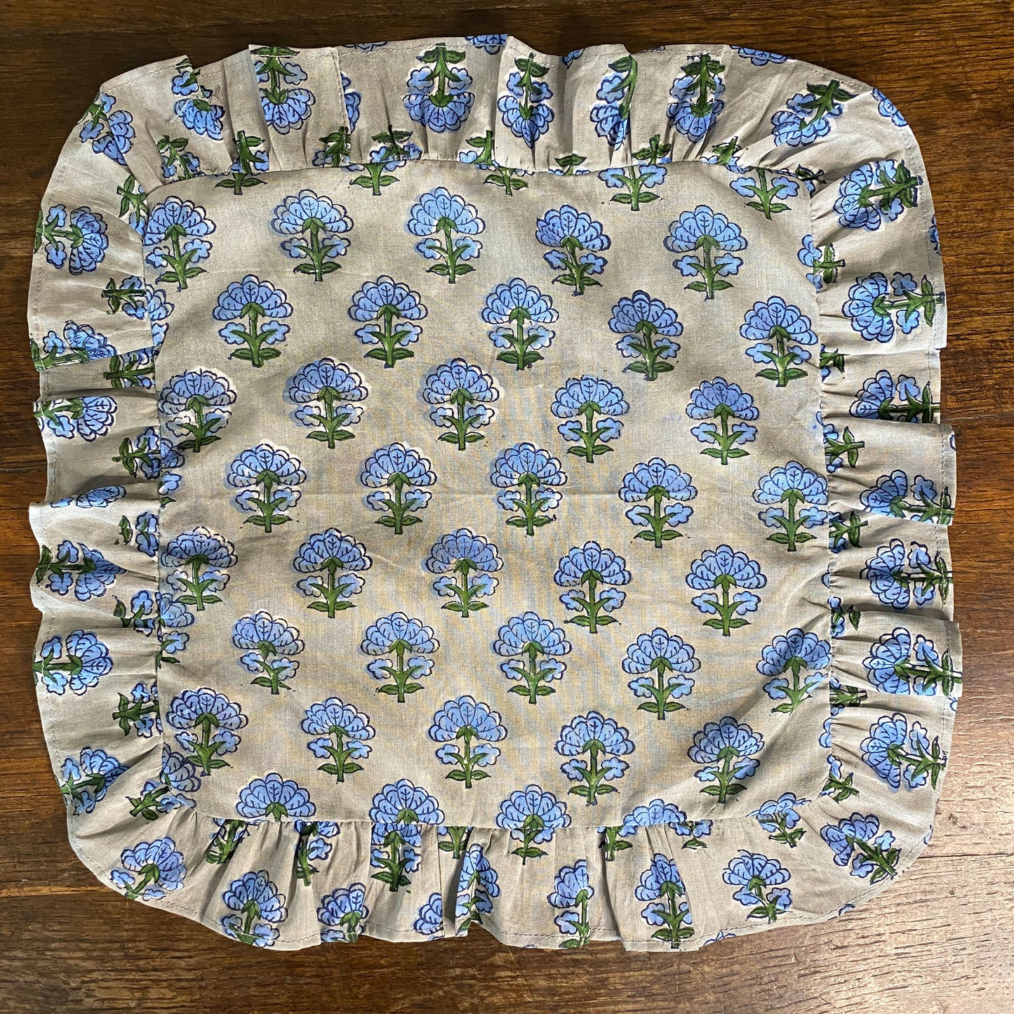 Kitty block printed table cloth - Pale grey with cornflower blue and dark green flowers