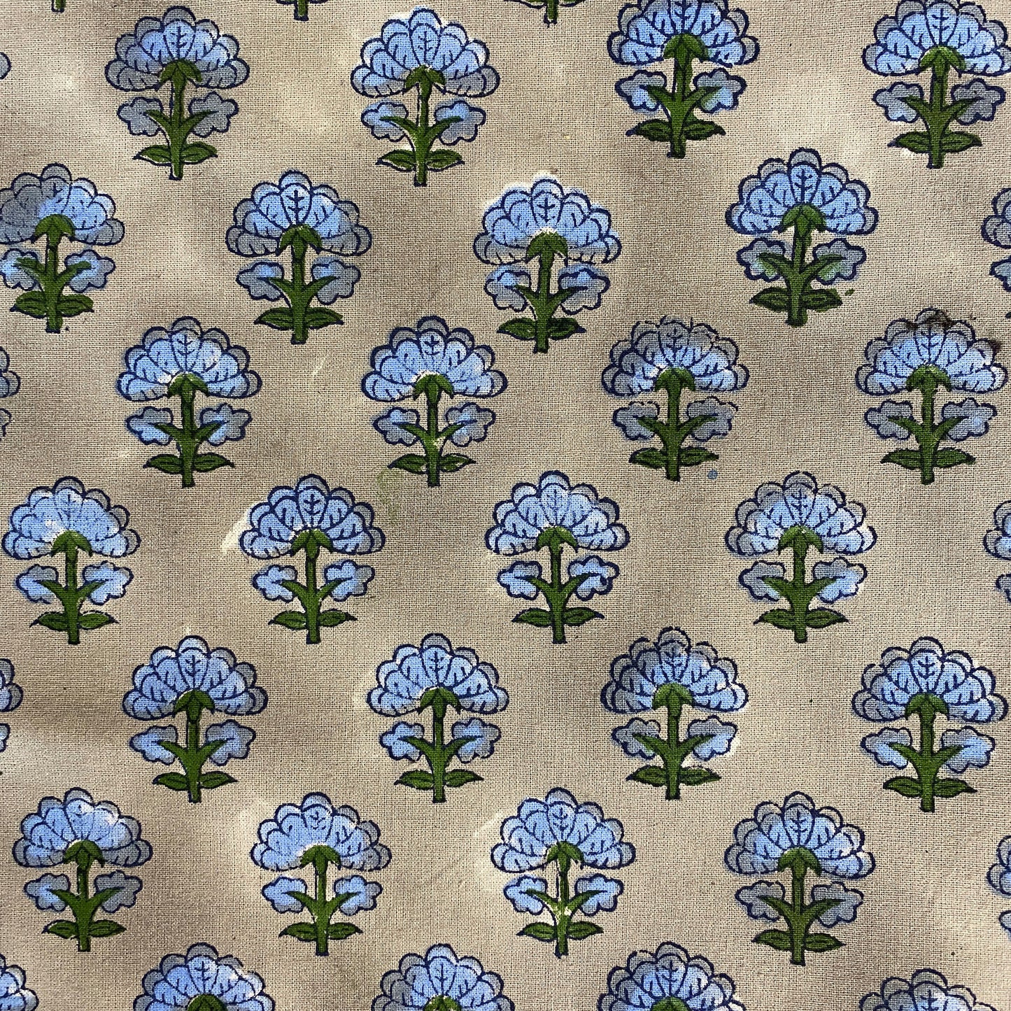 Kitty block printed table cloth - Pale grey with cornflower blue and dark green flowers