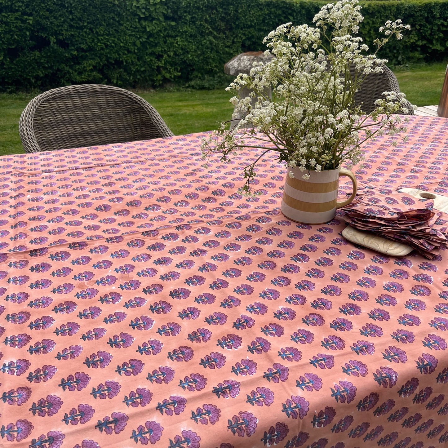 Kitty block printed table cloth - Faded terracotta with purple and blue flowers
