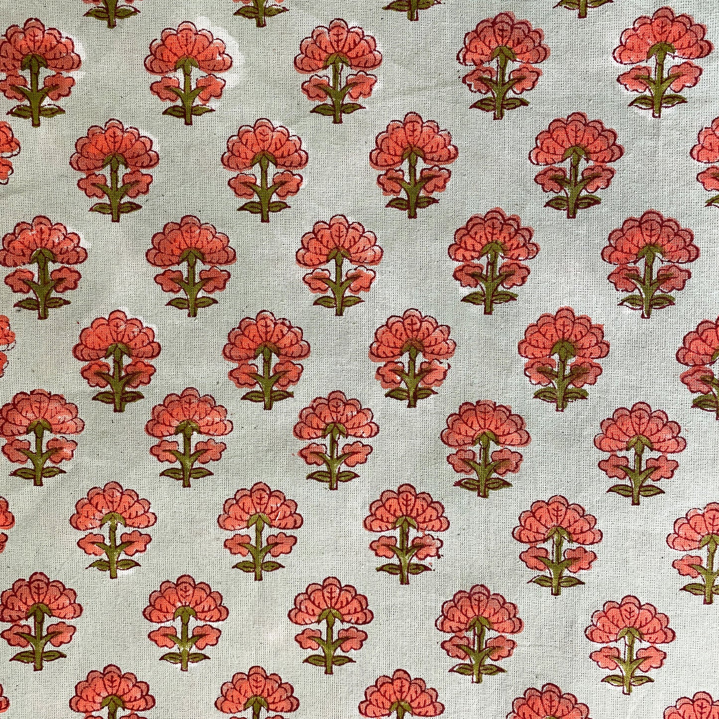 Kitty block printed table cloth - Pale blue with coral and olive green flowers