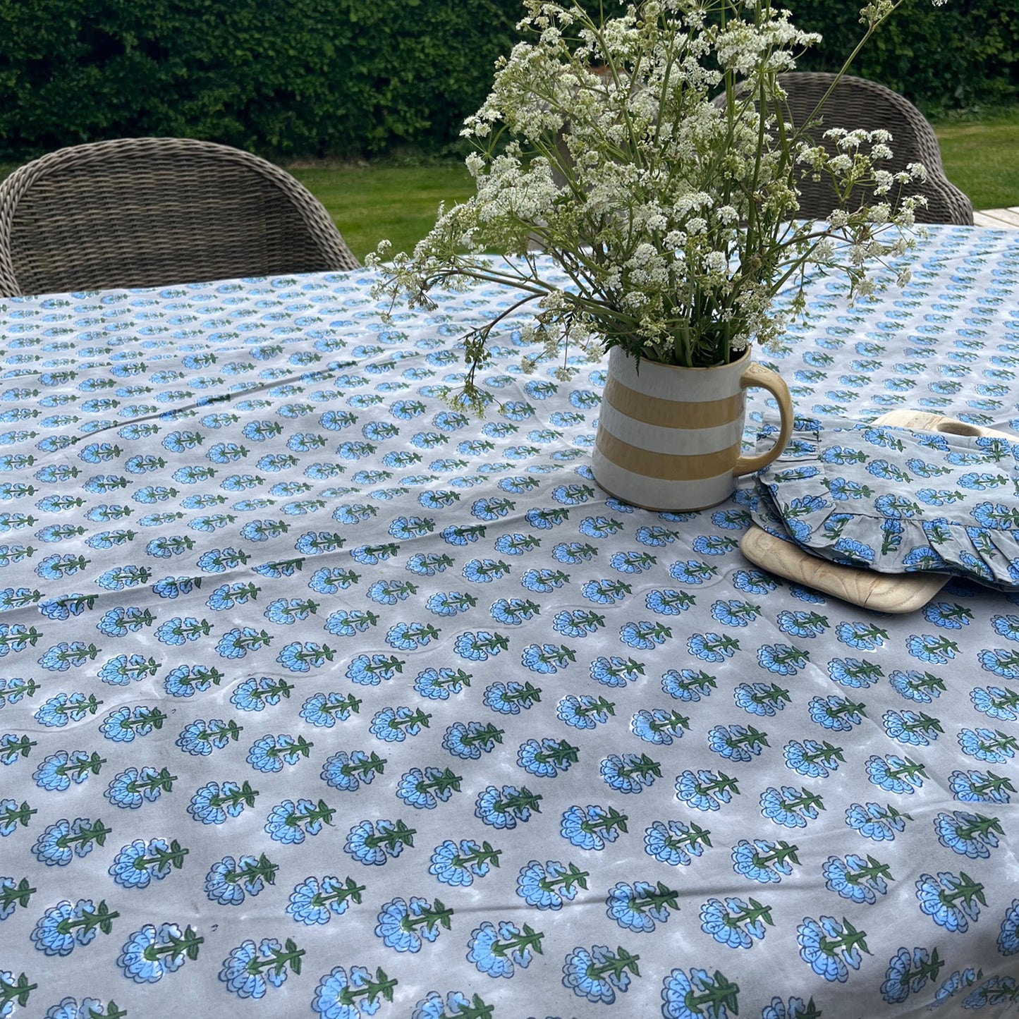 Kitty block printed table cloth - Pale grey with cornflower blue and dark green flowers