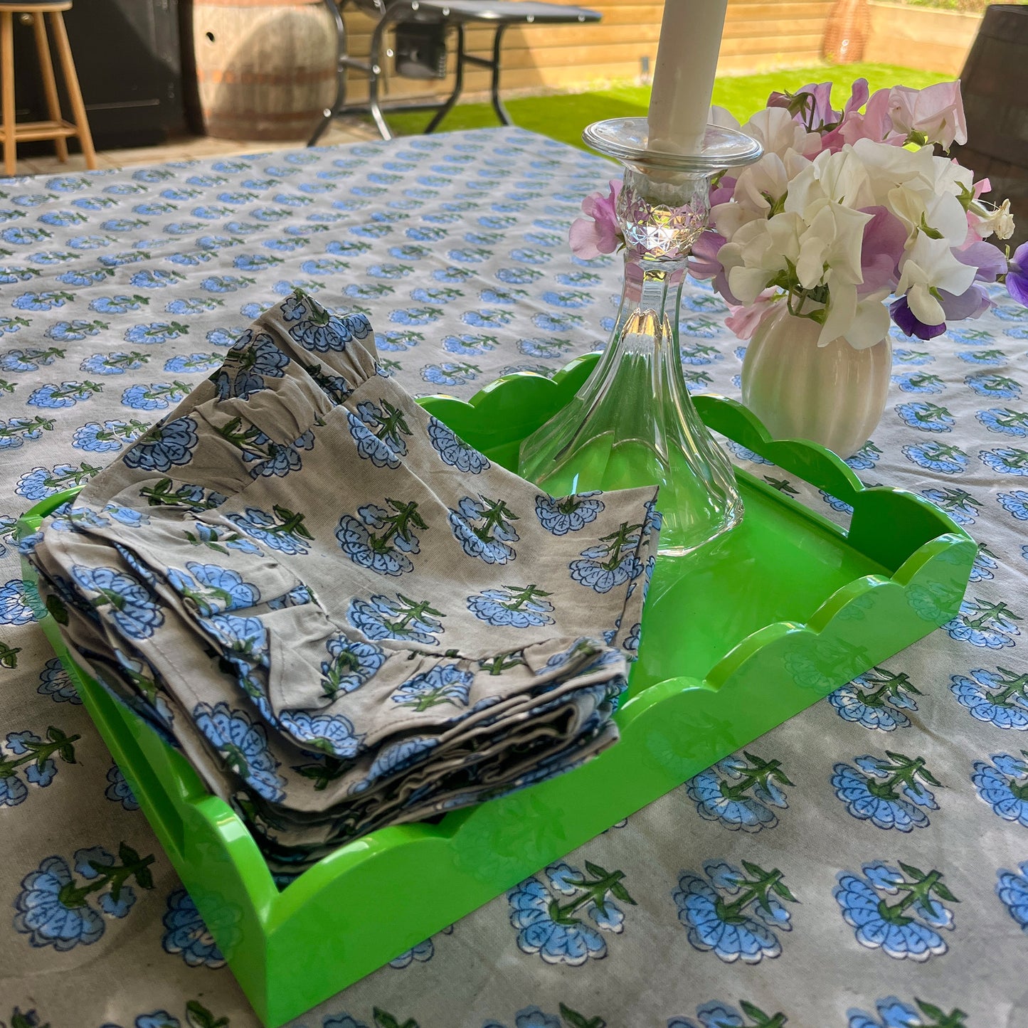 Kitty block printed table cloth - Pale grey with cornflower blue and dark green flowers