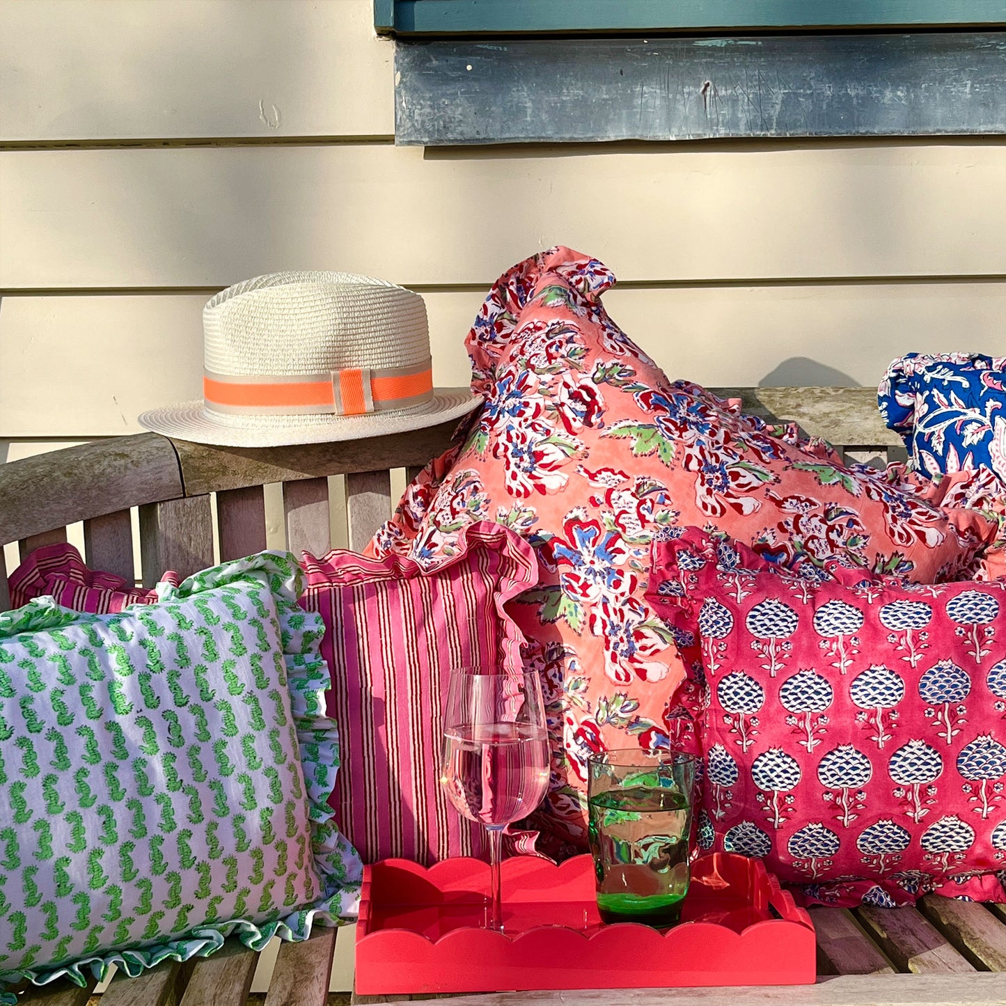 Hand block frilled cotton cushion - Sally