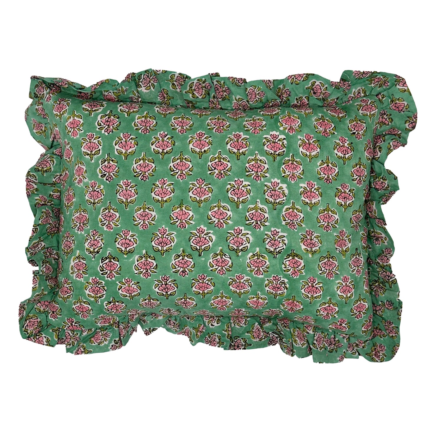 Hand block frilled cotton cushion - Amy