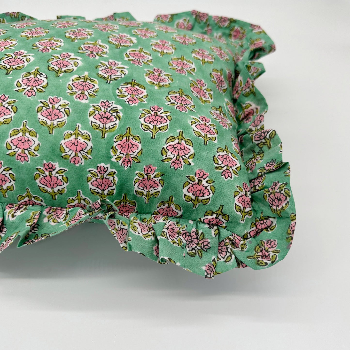 Hand block frilled cotton cushion - Amy