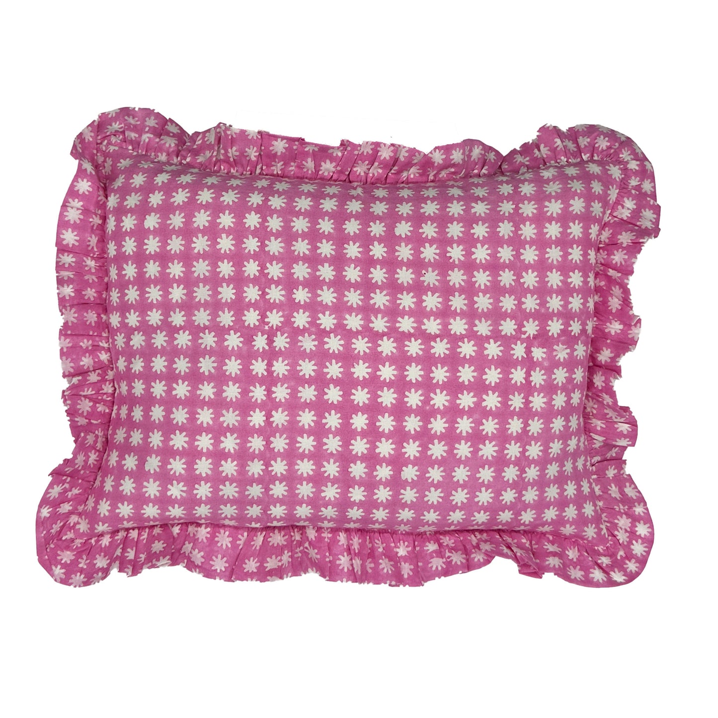 Hand block frilled cotton cushion - Charlie in Pink