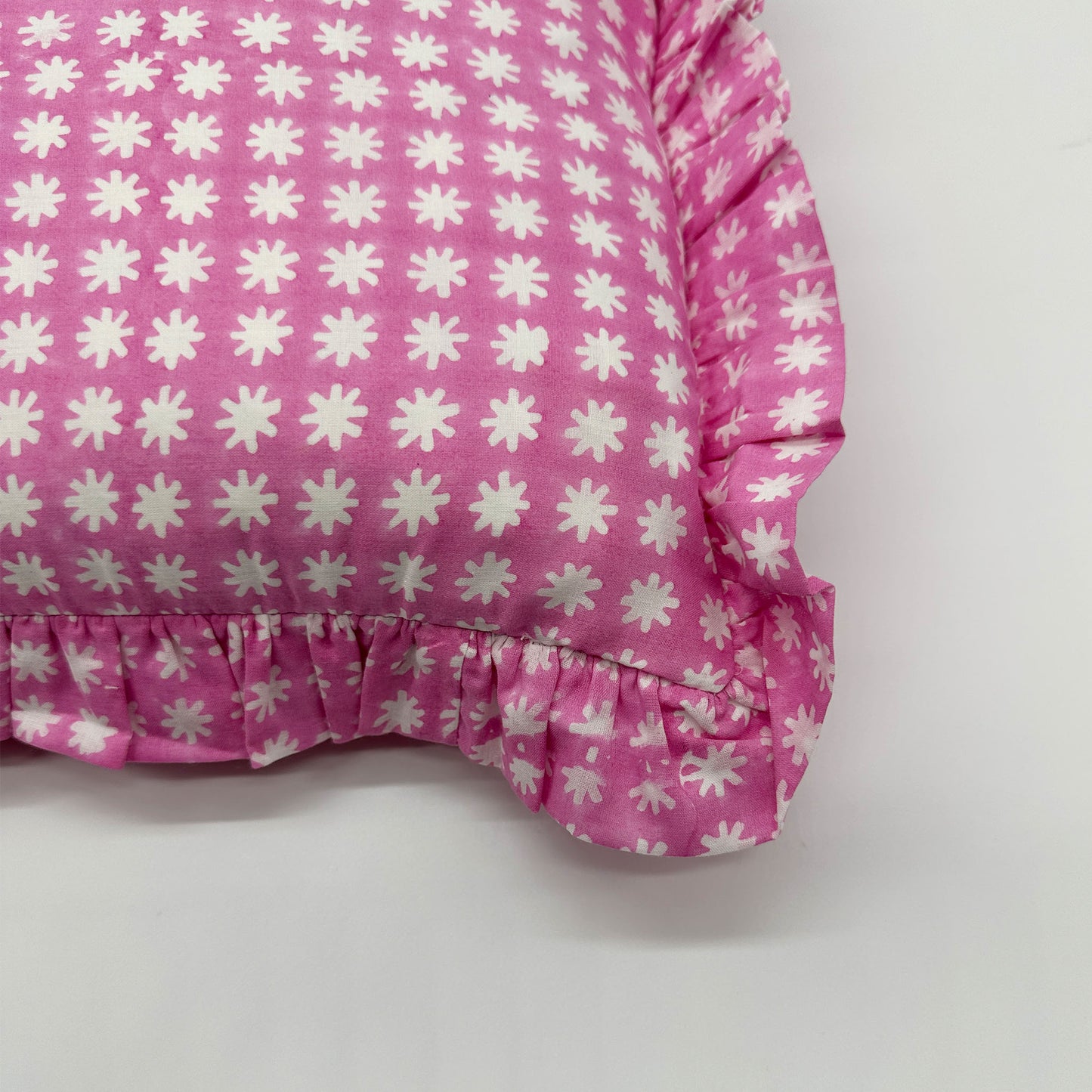 Hand block frilled cotton cushion - Charlie in Pink