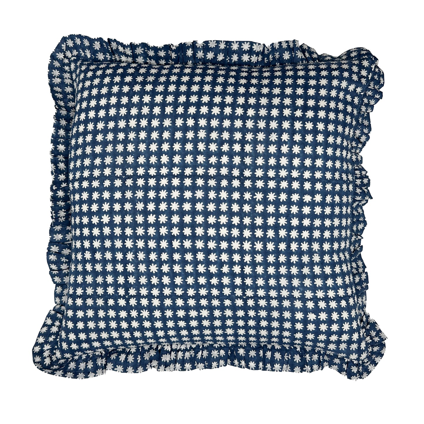 Large hand block frilled cotton cushion - Charlie in Blue