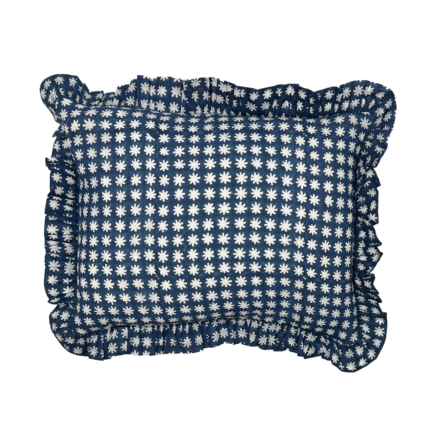 Hand block frilled cotton cushion - Charlie in Navy Blue