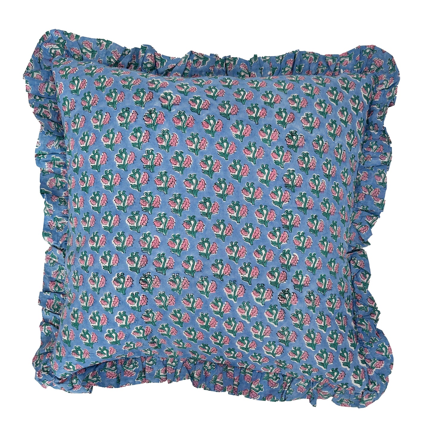 Large hand block frilled cotton cushion - Chloe