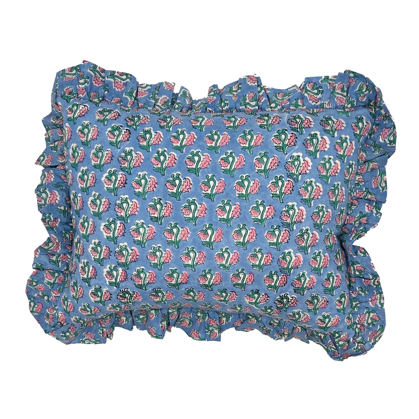 Hand block frilled cotton cushion - Chloe