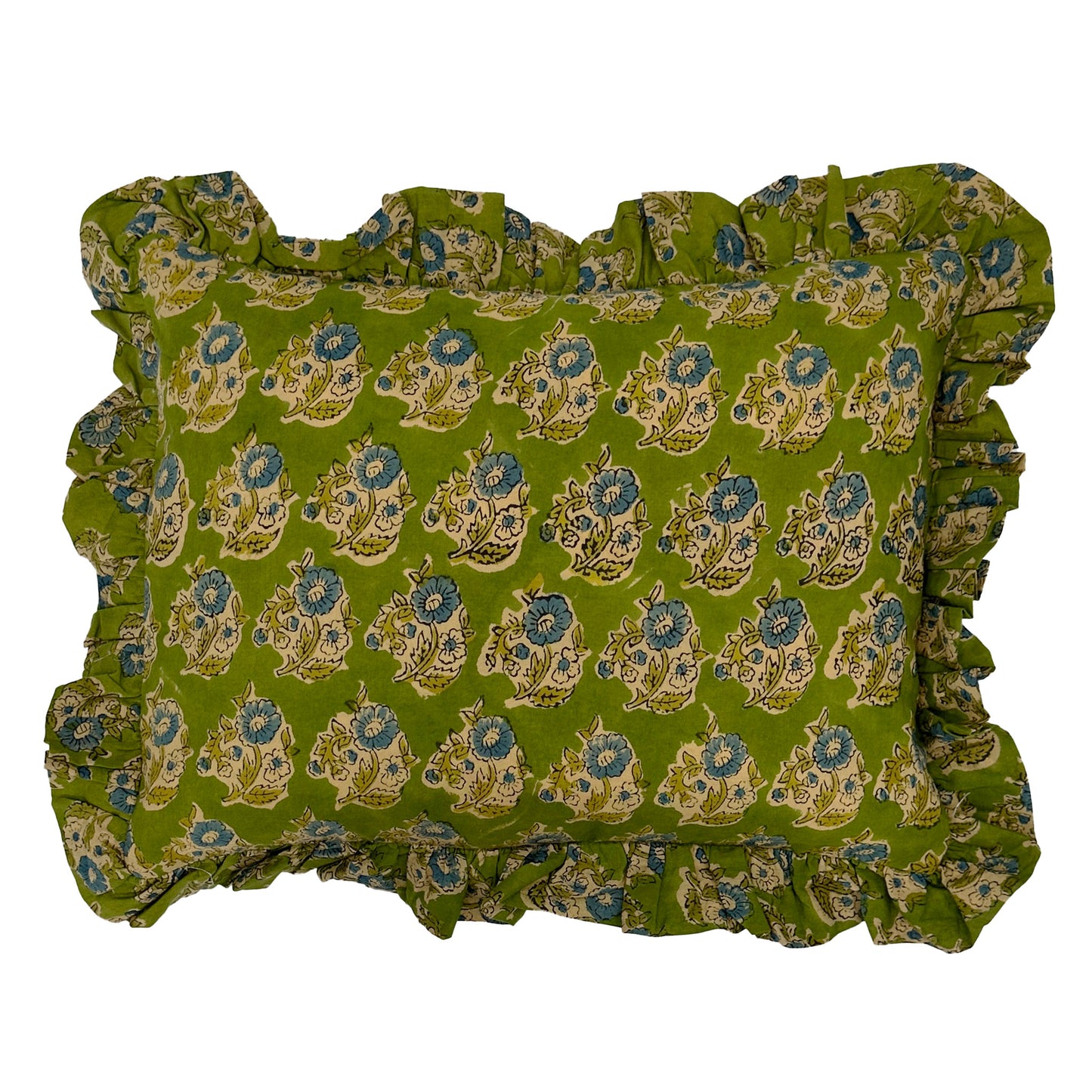 Hand block frilled cotton cushion - Claudia