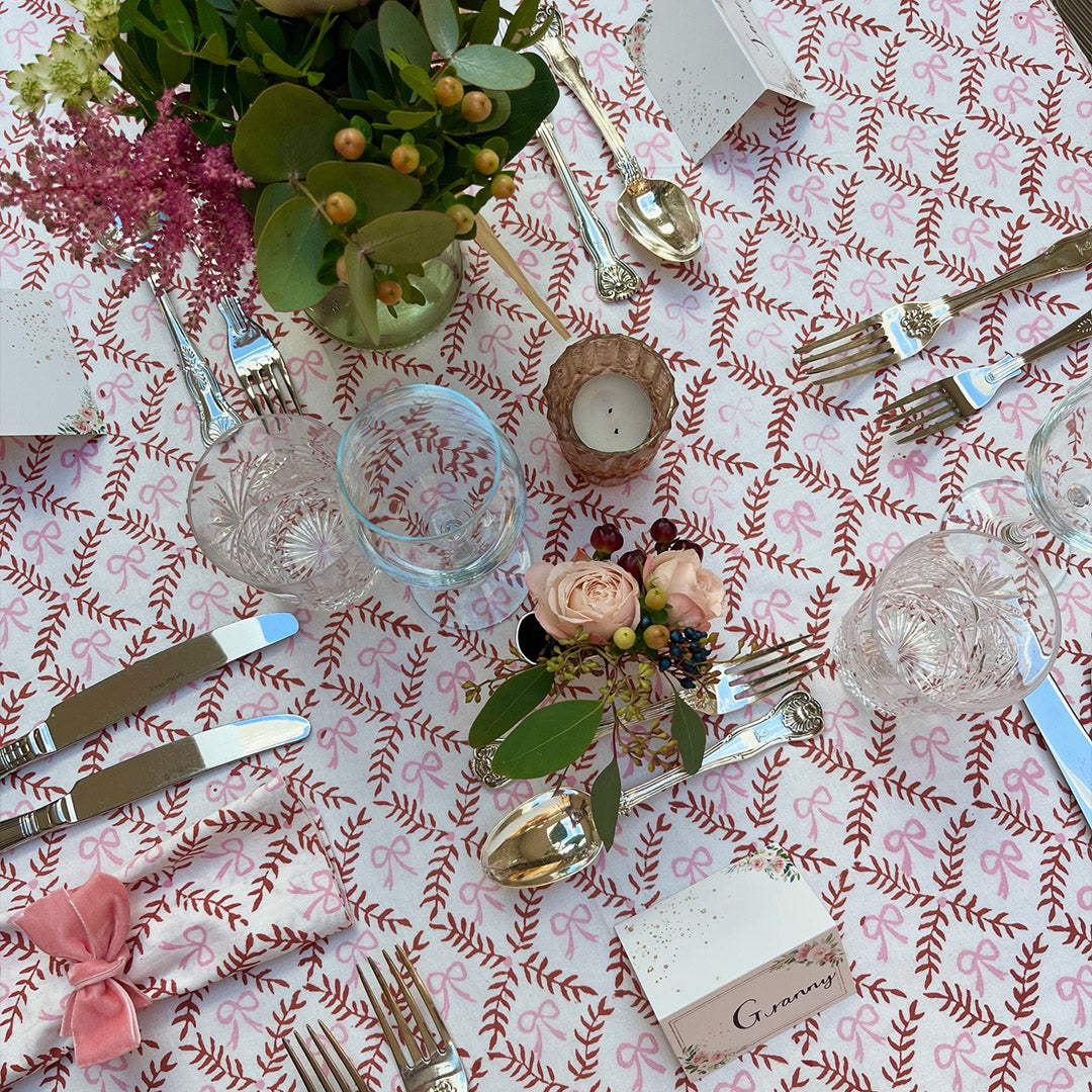 Bow Peep block printed table cloth - Pink and Berry