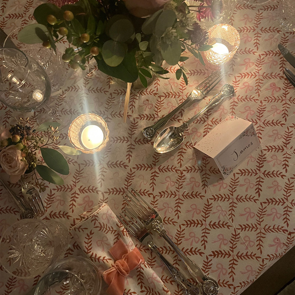 
                  
                    Bow Peep block printed table cloth - Pink and Berry
                  
                