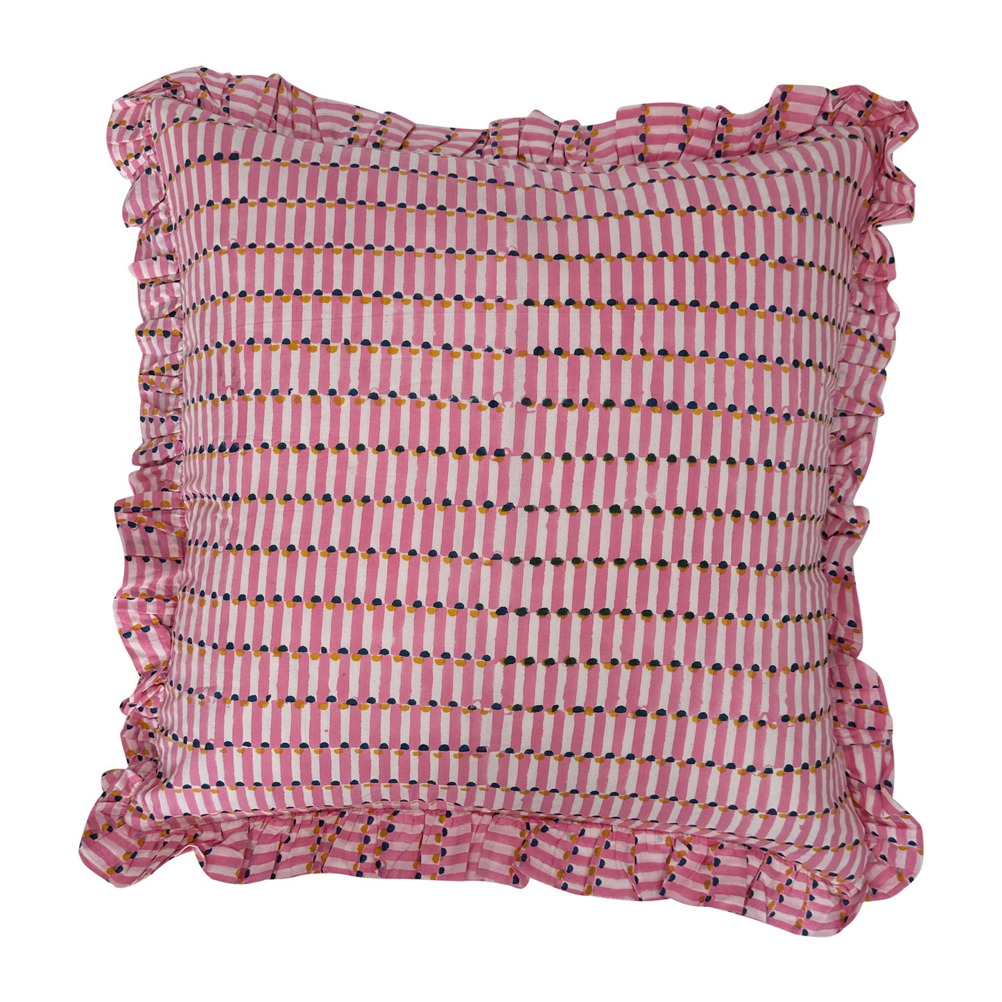 Large hand block frilled cotton cushion - Evie