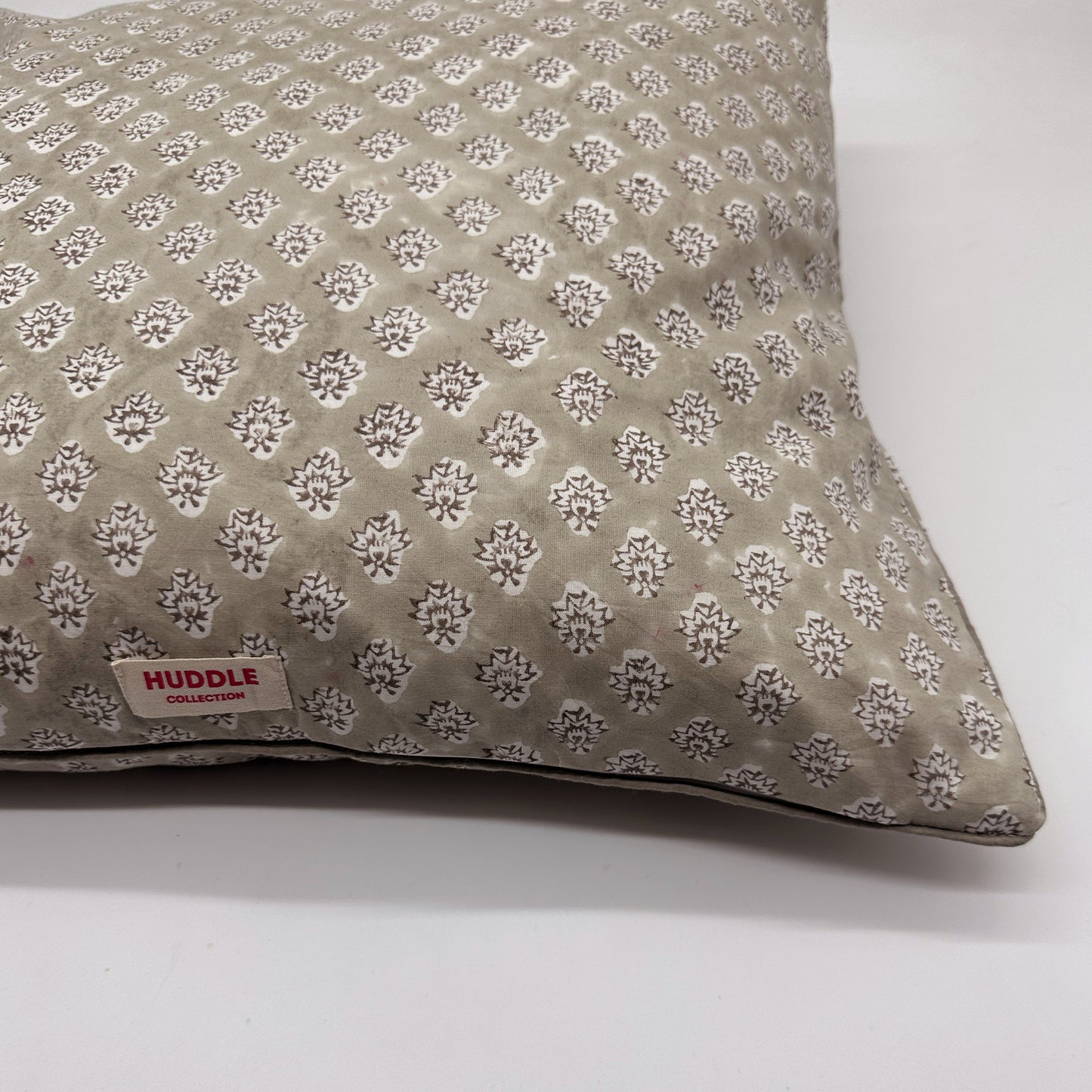 Large hand block piped edge cotton cushion - Georgie in biscuit
