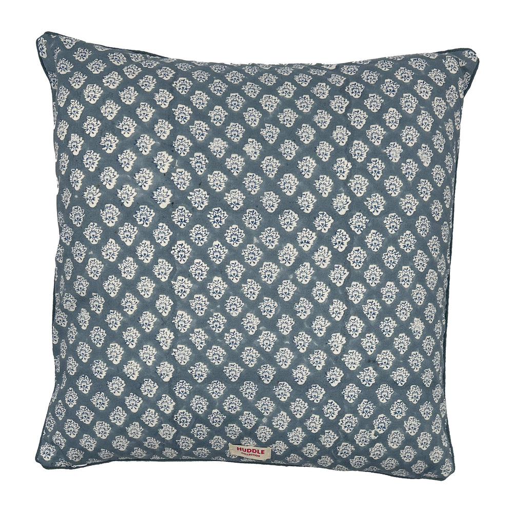 Large hand block piped edge cotton cushion - Georgie in blue