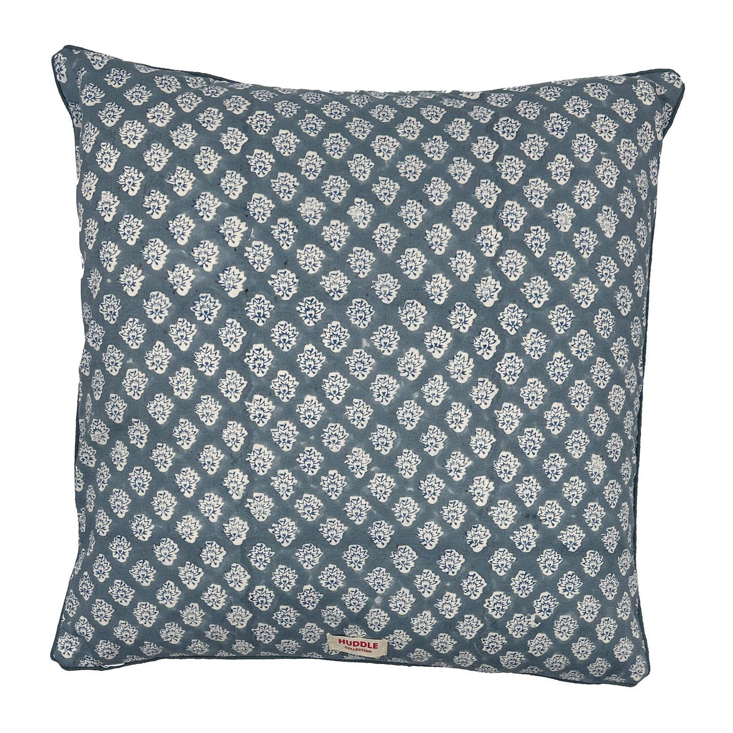 Large hand block piped edge cotton cushion - Georgie in blue
