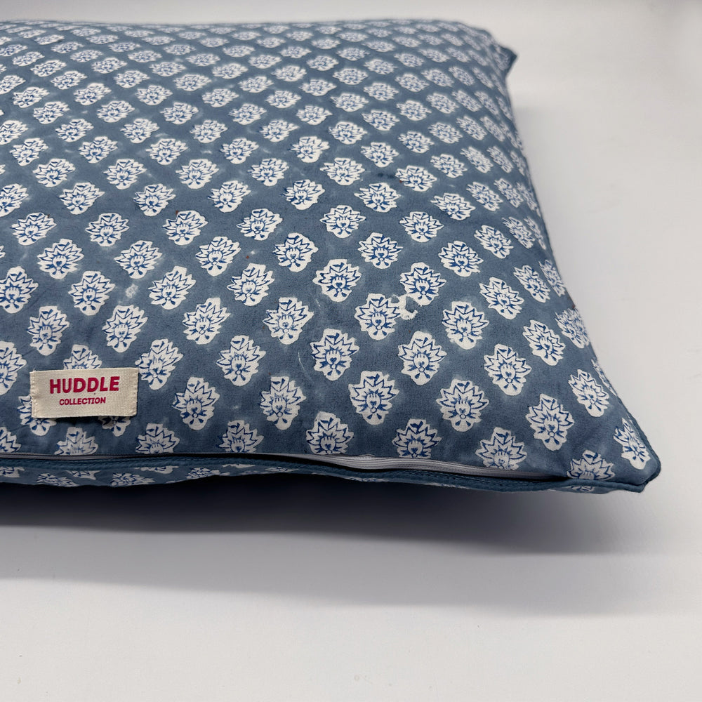 Large hand block piped edge cotton cushion - Georgie in blue