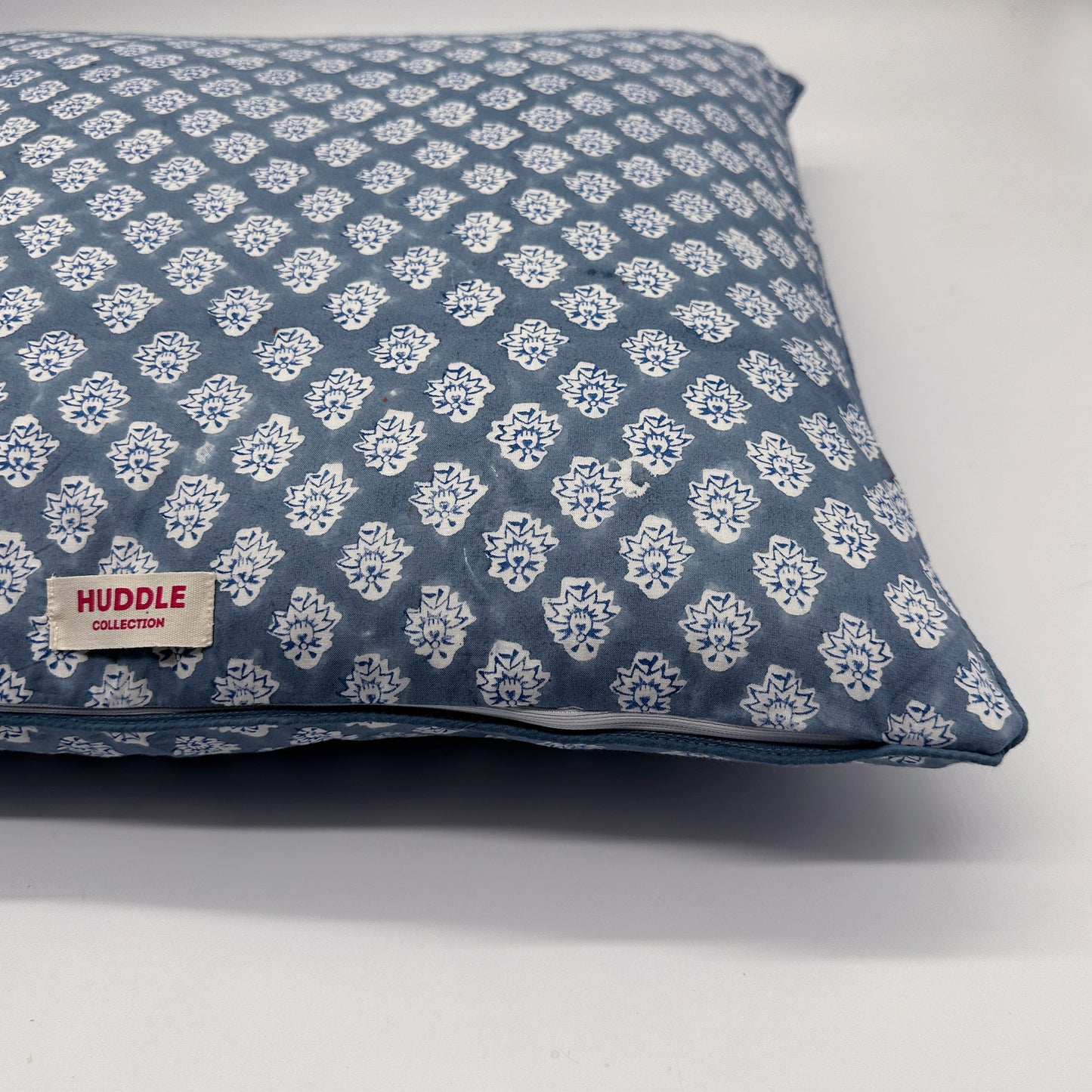 Large hand block piped edge cotton cushion - Georgie in blue