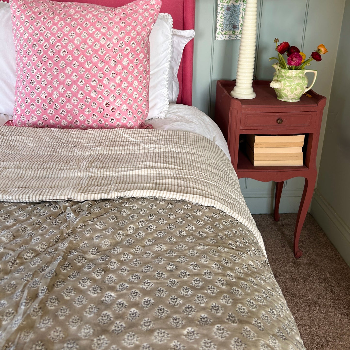 Georgie Handmade Block Print Cotton Quilt in Biscuit