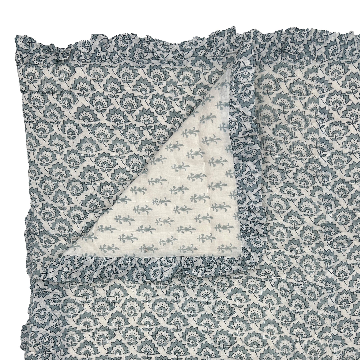 Jennie Handmade Block Print Cotton Quilt in Pale Blue