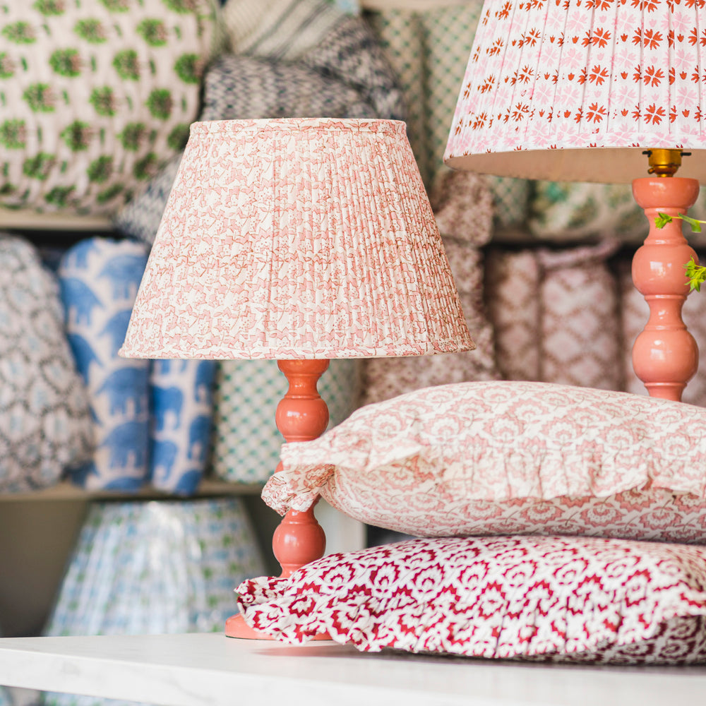 
                  
                    Jennie Gathered Cotton Block Printed Lampshade in Pale Rose Pink
                  
                