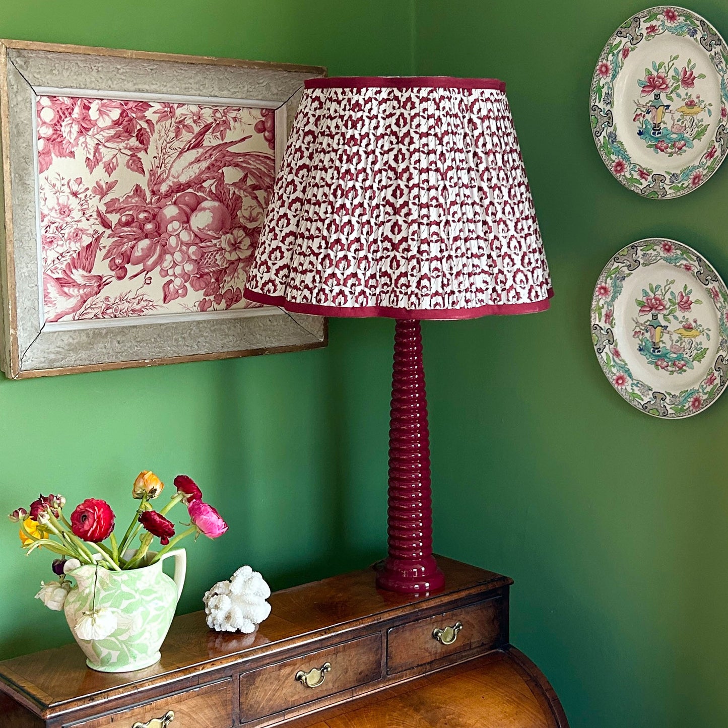 Jennie Pleated Cotton Block Printed Scallop Lampshade in Berry